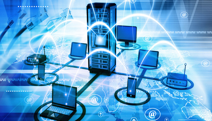 A network of computer devices connected by lines and arrows. The devices include a desktop computer, a laptop, a server, a router, and a tablet. The background is a blue world map with a grid overlay.
